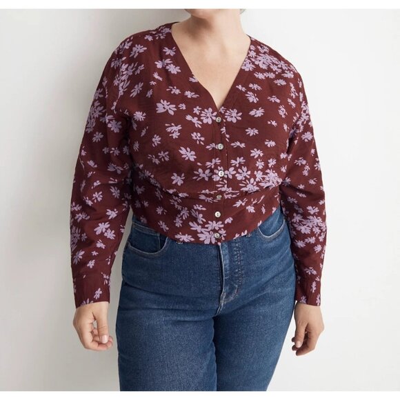 Madewell Womens Plus V-Neck Button-Front Shirt Floral Long Sleeve XXL - Picture 1 of 14